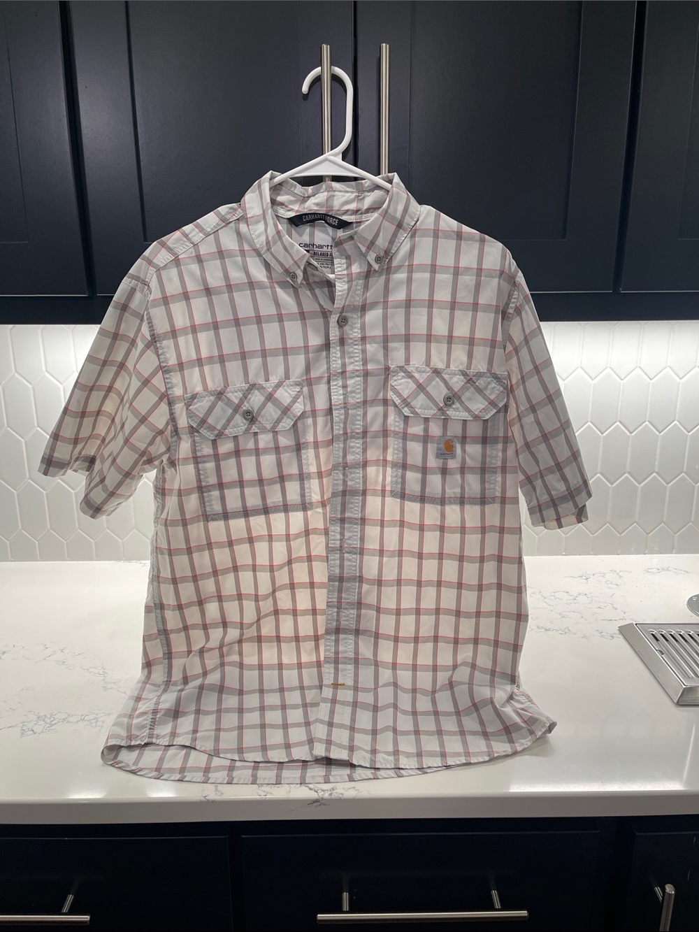 Carhartt Short-Sleeve White Plaid Button-Down Shirt with Red Lines